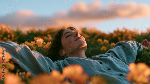 Woman lying on her back in a meadow filled with blooming flowers, wearing a light blue shirt, with a serene expression against a colorful sunset sky