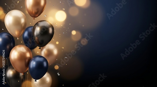 Elegant Celebration Background with Festive Golden and Dark Balloons, Sparkle, and Bokeh Lights
