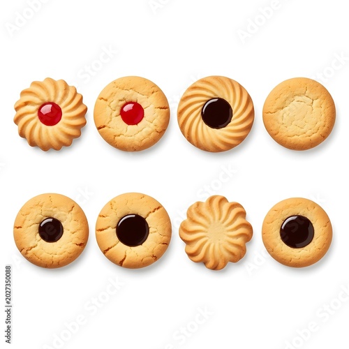 Assorted Golden Butter Cookies Arranged in Neat Rows on White Background