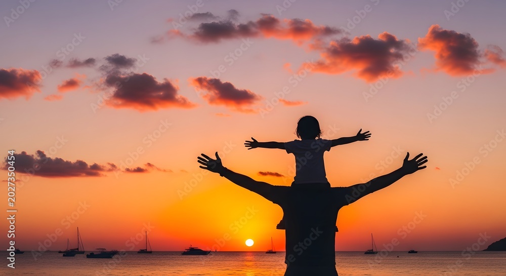 Fototapeta premium father and child enjoying sunset on beach with arms outstretched