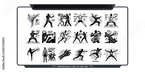Photos Traditional martial arts and karate vector icons set featuring combat training stances kinetic energy analytics telemetry data tracking and fighter defensive silhouettes