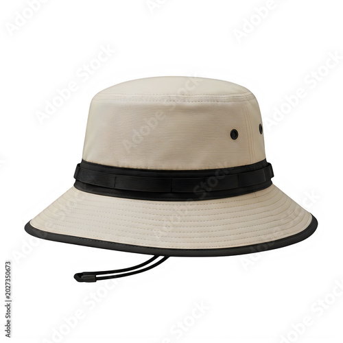 Light beige straw bucket hat with black band