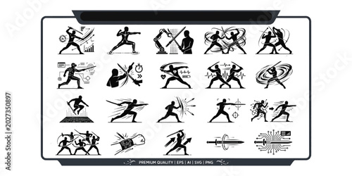 Obraz na płótnie Martial arts and sword fighting vector icons set featuring combat training tactical swordplay ninja stick defense and cybernetic weapon simulation silhouettes