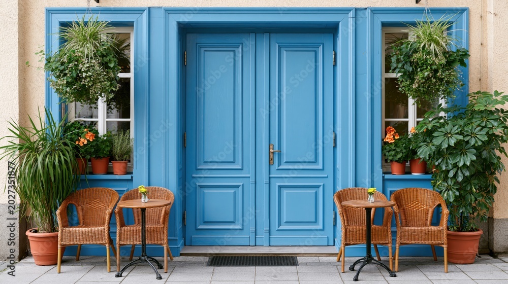 Fototapeta premium Charming cafe entrance with blue double doors and wicker seating