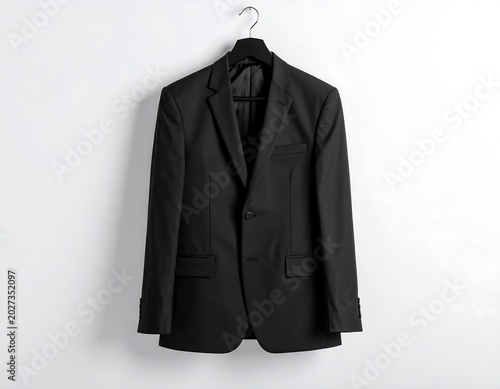 A sleek, professional black suit jacket hangs neatly on a black hanger against a plain white background, ready for wear