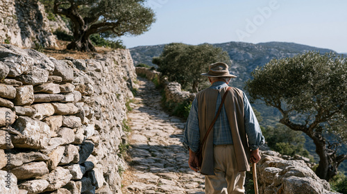 Sardinian shepherd in his eighties walking narrow terraced hillside path at measured steady pace, walking pace aging predictor research concept, harsh midday sun overhead, dry stone walls and olive 