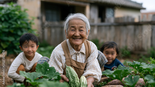 Okinawan centenarian woman harveng bitter melon and purple sweet potato from small raised garden bed, blue zone diet longevity, overcast morning, modest rural home with weathered wooden fence, grand