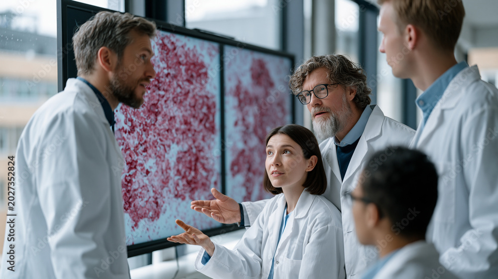 Obraz premium Molecular biology team yzing senescent cell imagery on large wall monitor, senolytic therapy aging research group dynamic, rain soaked streets visible through tall lab windows, diverse researchers g