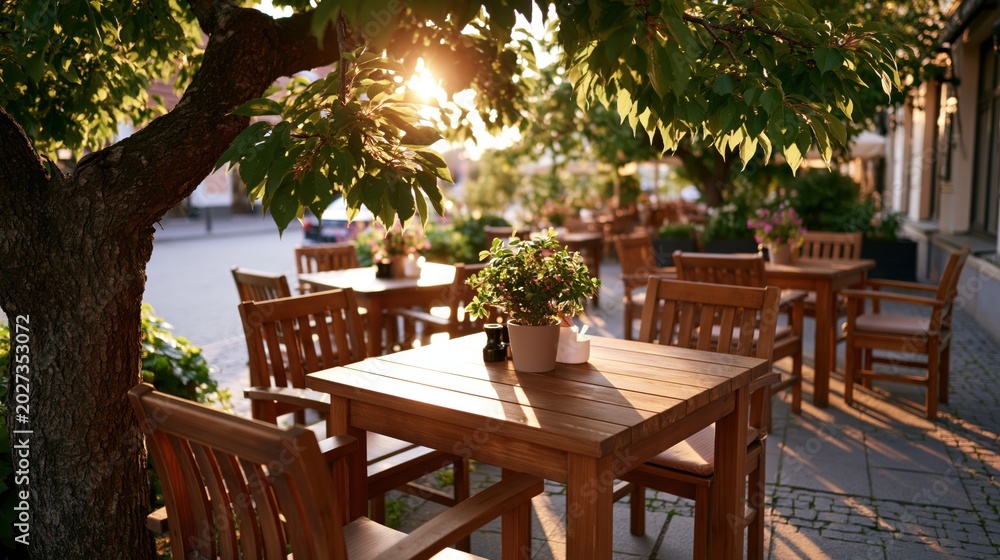 Fototapeta premium Golden hour sunlight filters through tree leaves onto an empty outdoor cafe terrace