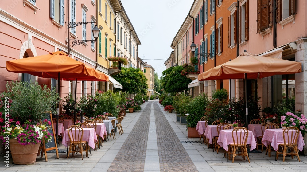 Fototapeta premium Charming Italian street lined with pastel buildings and outdoor cafe seating