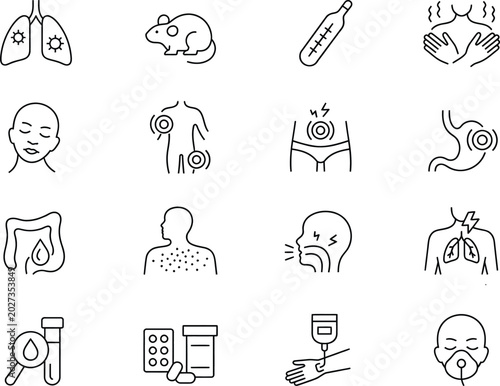 Bild auf Leinwand Hantavirus Pulmonary Syndrome Symptoms and Treatment Minimal Line Icons Medical