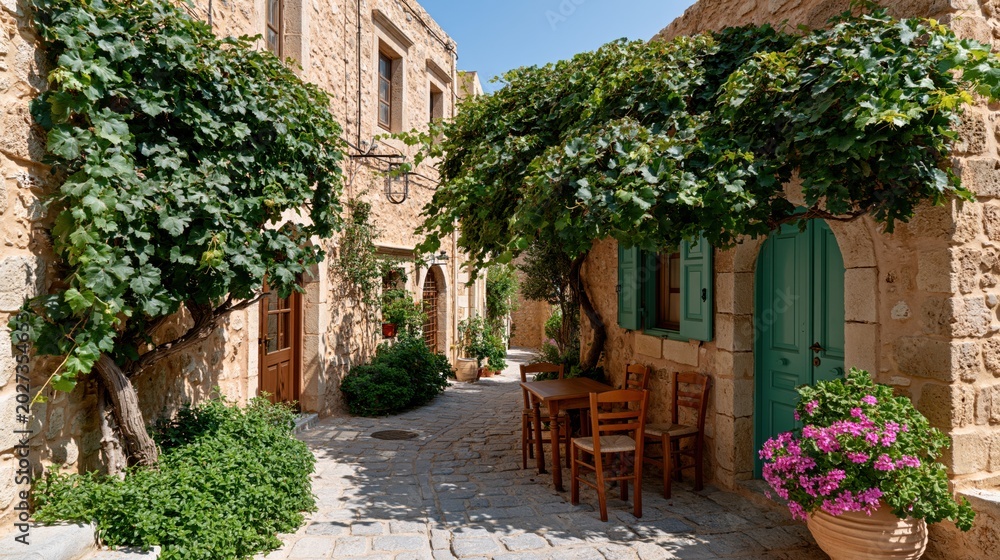 Fototapeta premium Charming Mediterranean village alley with stone buildings and lush greenery