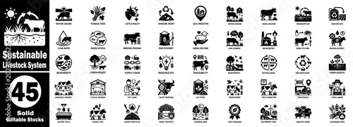 Sustainable livestock system solid icons set. Featuring animal welfare, grazing methods, agricultural management, and farm tech.