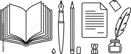 Принти на полотні Education and literature line art elements set with open book fountain pen penci