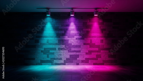 Foto Three spotlights casting cyan purple and magenta beams onto a dark textured ston