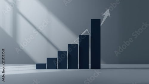 Modern 3D rendering of abstract geometric shapes symbolizing business growth in navy blue and white on a clean minimalist gray background