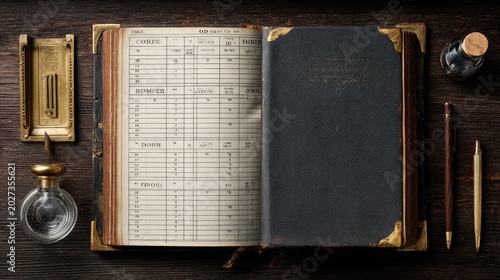 Vintage ledger open, revealing lined pages & dark cover, with inkwell