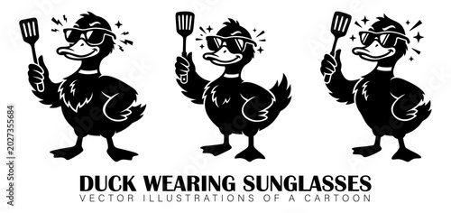 Three cartoon ducks wearing sunglasses holding spatulas for barbecue with graphic resource, sunglasses