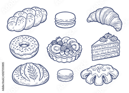 Bakery Bread and Pastry Set in Naive Sketch Vector Illustration Style. Hand Drawn Baked Food Collection