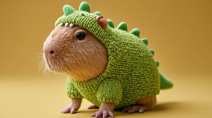 Capybara wearing green dinosaur costume in cozy indoor setting