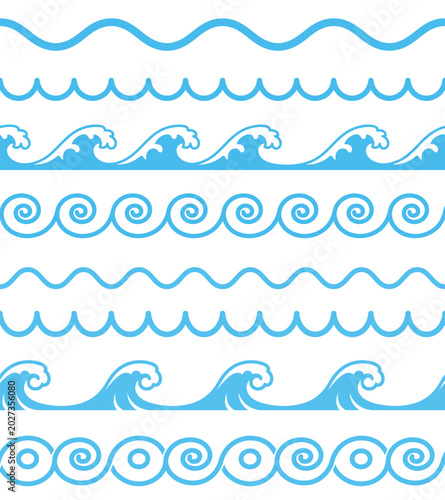 Blue Ocean Wave Border Seamless Pattern Set - Decorative Sea Wave Line Vector Collection