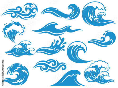 Blue Ocean Wave Icon Set - Crashing Sea Waves Silhouette Vector Collection Japanese Style