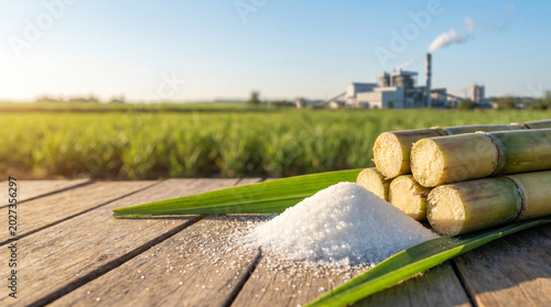 Fresh sugarcane stalks and white sugar with a factory and sugarcane field in background, showing sugar production from agriculture