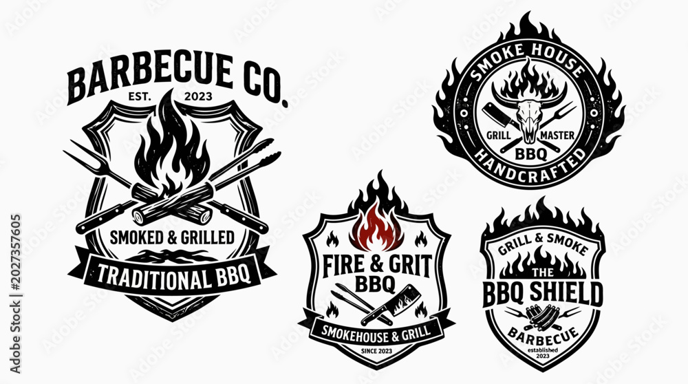 Fototapeta premium BBQ logo designs with flames and text.