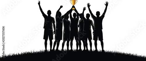 Принти на полотні Silhouette of winning soccer team celebrating with trophy on grassy hill