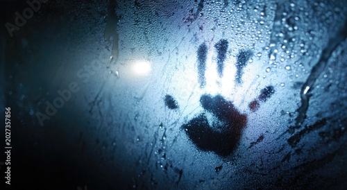Dark, mysterious handprint on a foggy, rain-streaked window