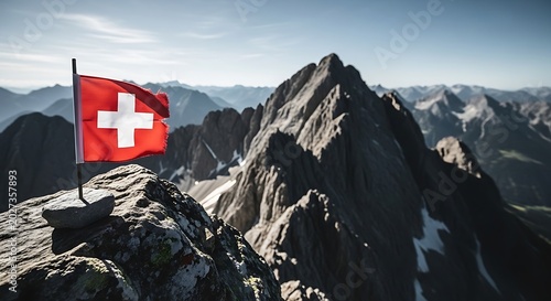 Swiss flag waving on a rocky mountain peak in the Swiss Alps, Europe