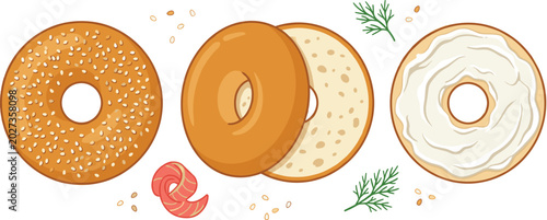 Bagel Vector Set Featuring Plain, Sesame, and Cream Cheese Bagels with Garnish for Websites, Apps, Breakfast, and Digital Designs