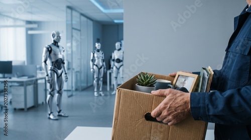 Worker carrying office box leaving workplace as humanoid robots replace human labor force