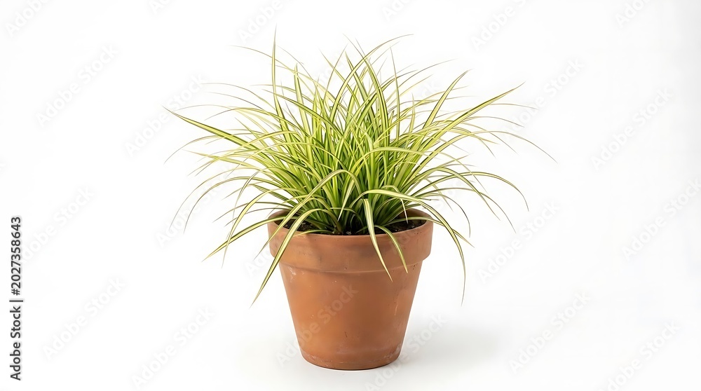 Fototapeta premium A potted carex evergold sedge plant with vibrant variegated foliage presented in a classic terracotta pot against a clean minimalist white background
