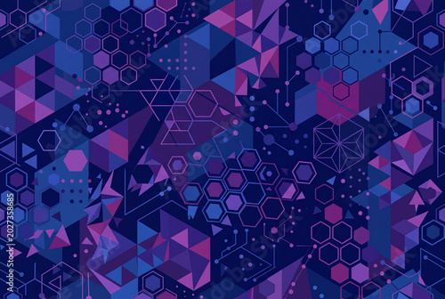 Seamless geometric vector patterns in modern flat style — hexagons, triangles, and gradients for tech and corporate backgrounds.