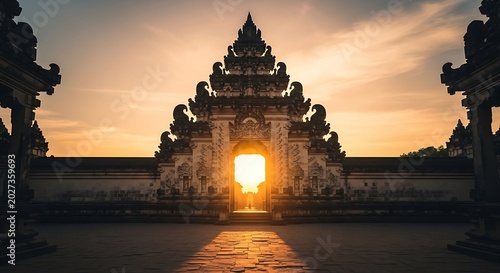 Traditional Balinese stone gate entrance at sunset in Indonesia