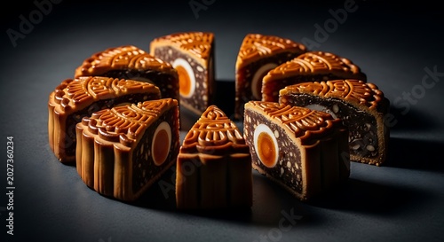 Traditional mooncake slices arranged in a circle for Mid Autumn Festival