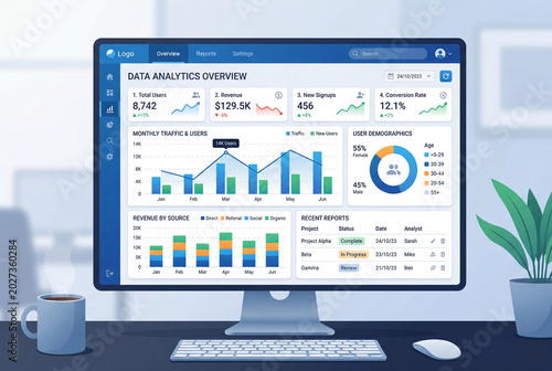 Modern flat illustration of a data analytics dashboard with charts, KPIs, graphs, and business metrics.