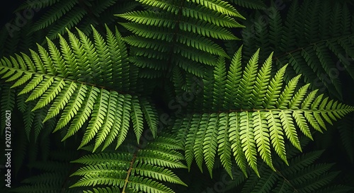 Vibrant green fern leaves overlapping in a dark natural forest background