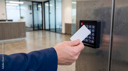 Close-up of a person's hand using an access control card to enter a building through a security system