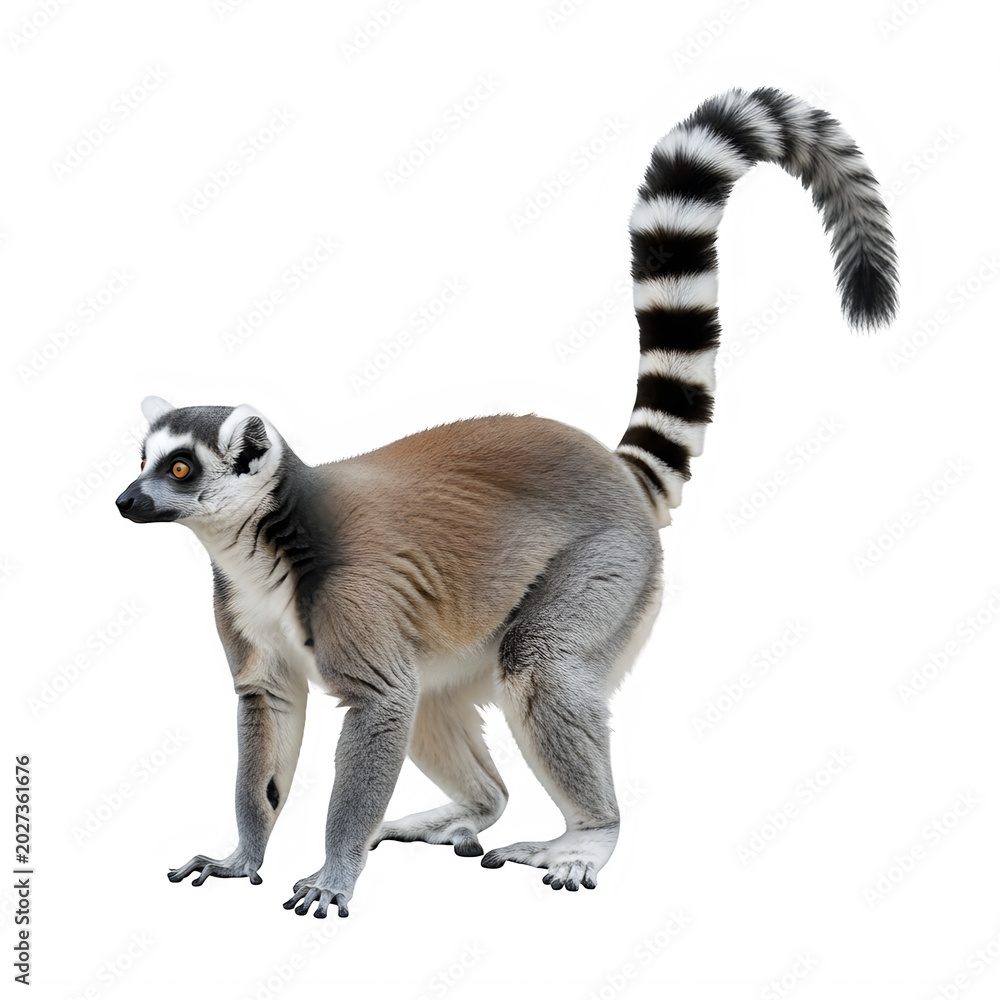 Fototapeta premium A ring-tailed lemur with distinctive markings on its face and tail standing on all fours slowly