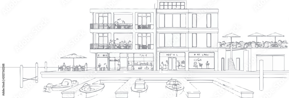 Obraz premium Outline vector illustration of a waterfront commercial building with boats, isolated on transparent background for architecture.