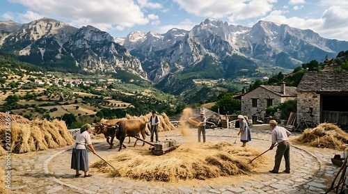 Traditional Rural Farmers Threshing Wheat in Mountain Village Courtyard