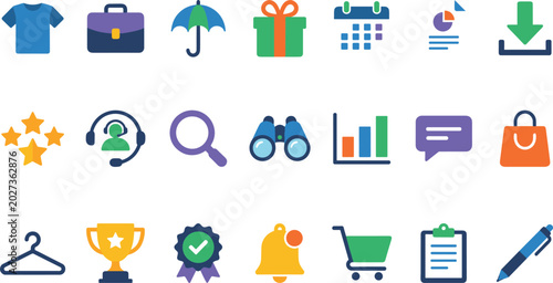 Canvastavla Business, Office, and Shopping Icon Set Featuring T-Shirts,  Umbrellas, Gifts, C