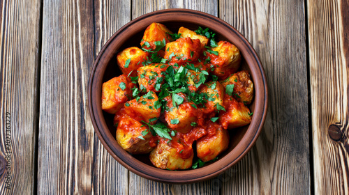 Patatas bravas in a bowl on wooden background 