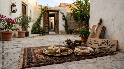 Eid Mubarak Arabic Sign with Traditional Food Sweets and Preparation Tools