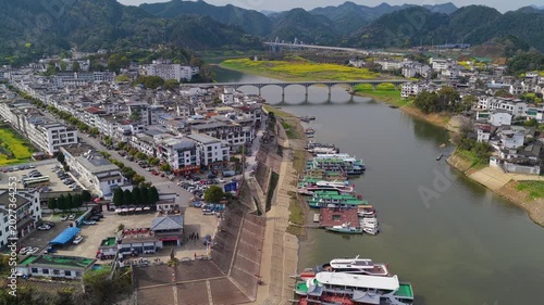 Aerial View of Shendu Town is located in Shexian County, Huangshan City, Anhui Province, China.