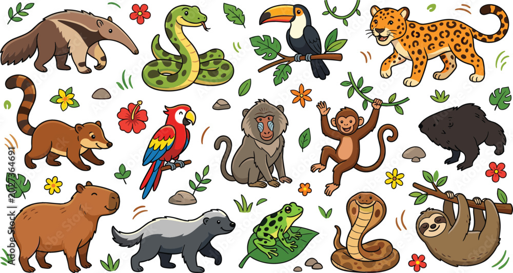 Fototapeta premium Set of Tropical Rainforest Animals and Jungle Wildlife Vector Illustrations Featuring Jaguar Sloth Capybara Toucan Monkey and Exotic Creatures for Children Education Nature Design Projects