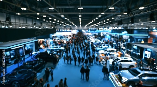 Crowds exploring new cars at busy auto show exhibition