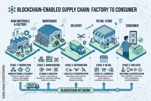 Clear flat diagram-style illustration of a blockchain-powered supply chain, from production to consumer delivery.